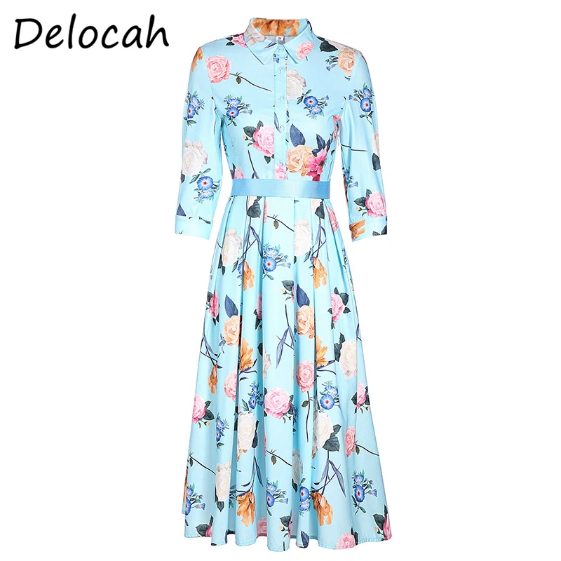 

Delocah Women Fashion Designer Pleated Dress Summer Half Sleeve Bow Sashes Floral Print Elegant Female Midi Dresses vestidos