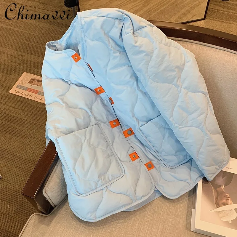 

Blue Rhombus Cotton Coat Jacket Women's 2021 Winter Round Neck Cotton Padded Coat Female Korean Style Casual Parkas