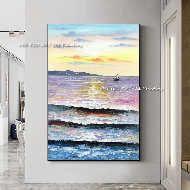 Картина маслом на холсте с изображением заката морского судна ручная роспись