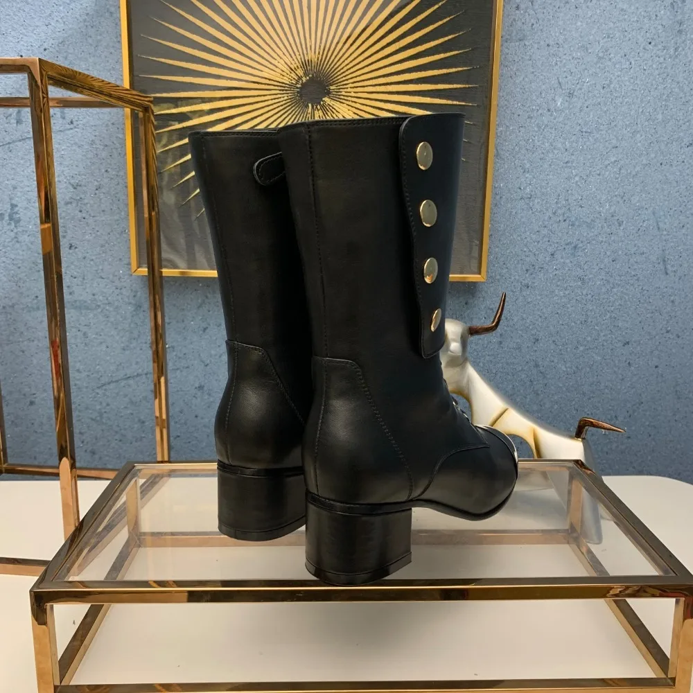 

Genuine Leather Women Boots Lace Up Shoes Woman Booties Blcok Heels Pumps Motorcycle Boots Brand Military Ladies Botas Mujer