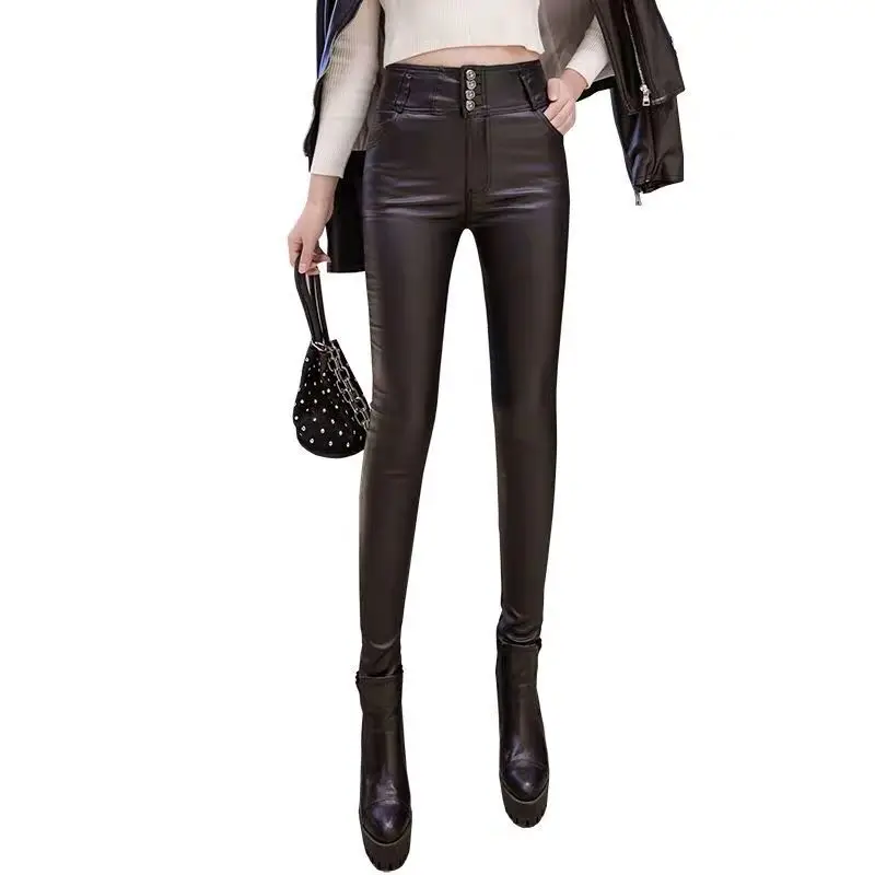 Кожаные брюки женские зимние с высокой талией 2019 новые PU узкие бархатные кожаные