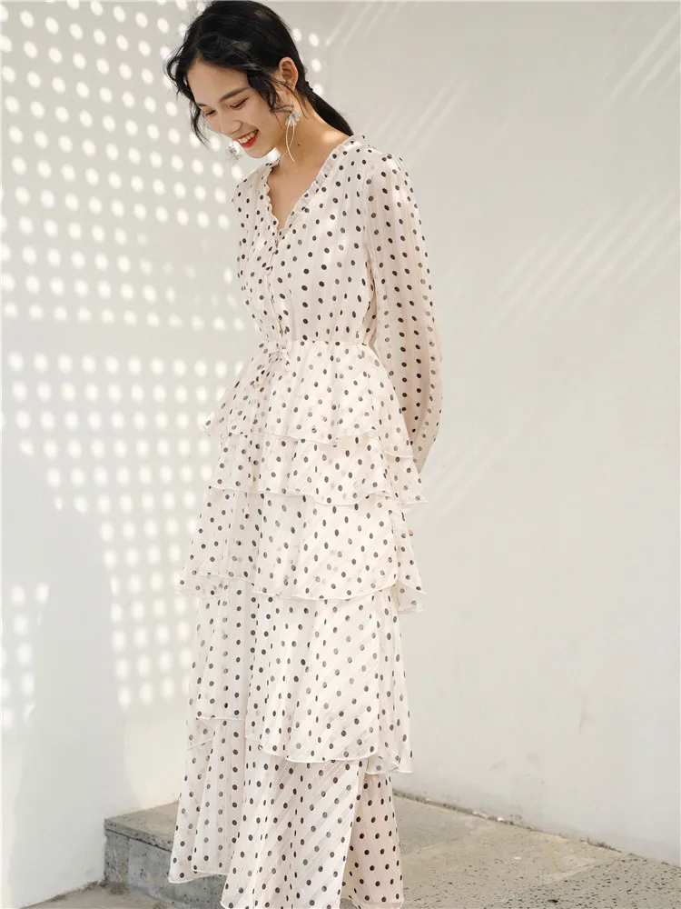 Женское Повседневное платье средней длины элегантное в горошек с v-образным