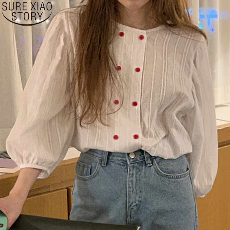 

Women Double-breasted Pleated Stitching Shirts Korean Chic Sweet Round Collar Blouse Loose Lantern Sleeve Shirt Top Blusas 15871