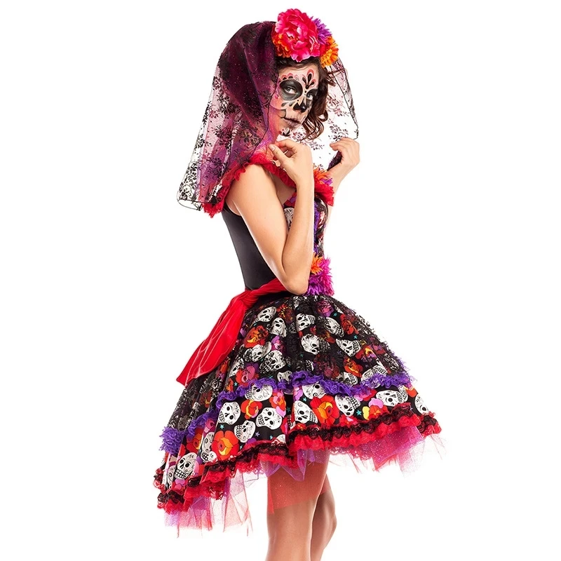 Женский костюм на Хэллоуин мексиканского дня мертвецов ужасов зомби черепа