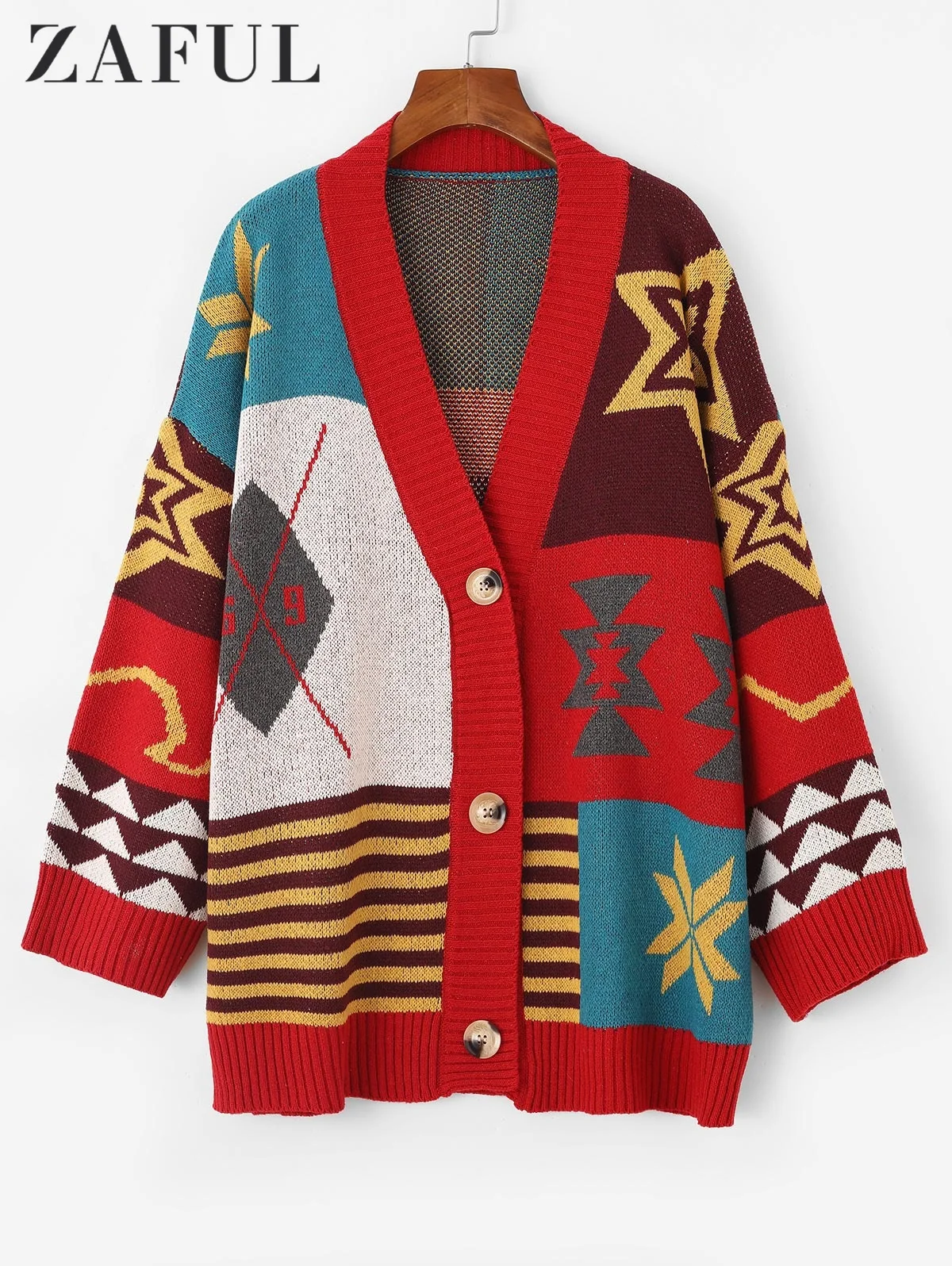 

ZAFUL Women Cardigan Geometric Pattern Loose Knitted Sweater Fashion Long Sleeve Oversize V-neck Winter Female Outerwear