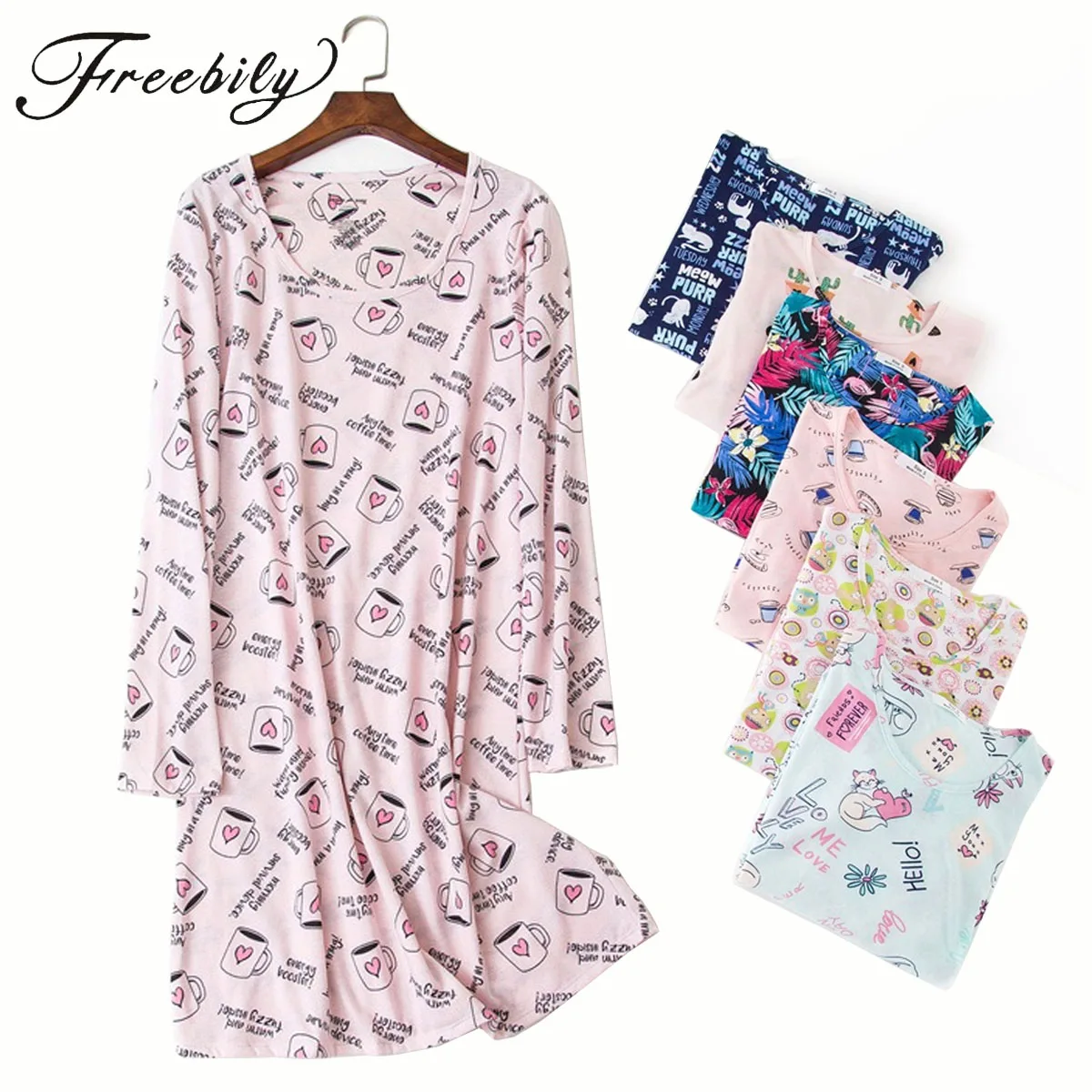 

Sweet knit cotton nightdress women nightgowns long sleeves sleep dress women autumn pyjamas sleepwear Plus size