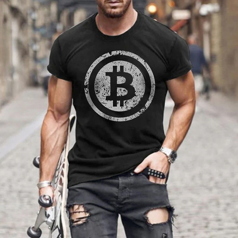 

Nice Pop Short Sleeve Men's T-shirt Retro Bitcoin Print Top Loose Casual Streetwear Plus Size Mens Cotton T-Shirt Tees Clother