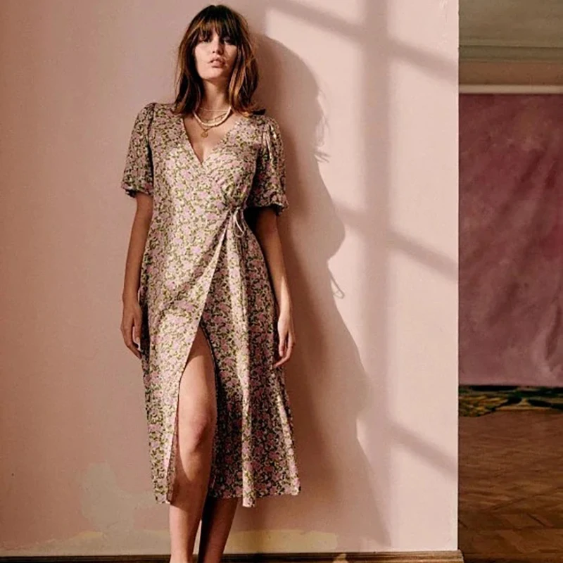 

Runelen Retro Pastoral Floral Dress 2021 Fall Pure Cotton Over The Knee V-neck Casual Skirt Female 2021 Elegant Office Girl