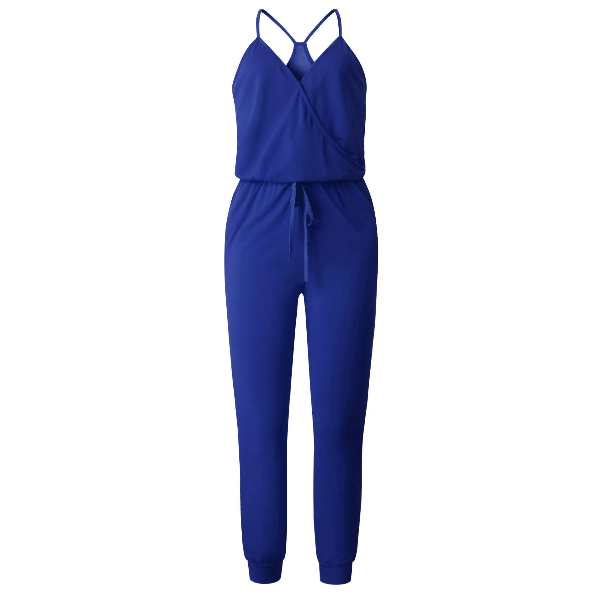 

Summer New Women V Neck Solid Casual Sleeveless Pockets Long Romper Female Arrival Sexy Spaghetti Cross Strap Lace Up Jumpsuits