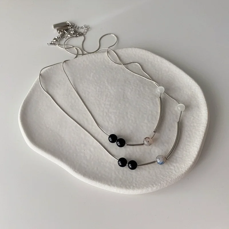

Origin Summer Minimalist Round Beaded Double-Layer Pendant Necklace for Women Girls Asymmetric Natural Stone Necklace Jewellery