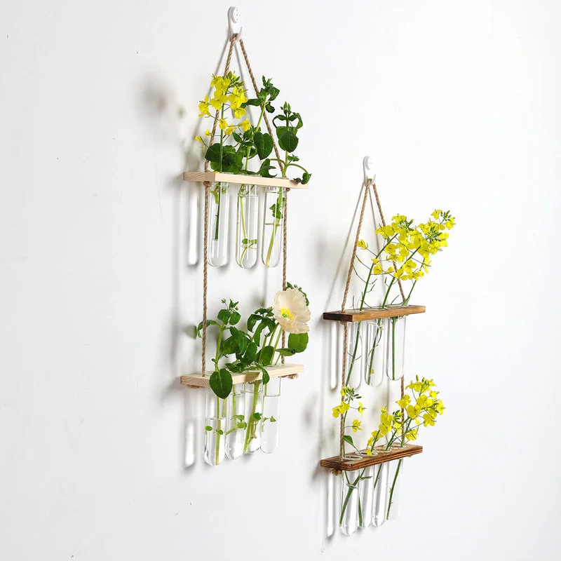 Macetero de vidrio colgante de pared, terrario con soporte de madera para plantas hidrop&oacute;nicas, Mini florero de tubo de ensayo, propagador, decoraci&oacute;n de jard&iacute;n y oficina en casa-1