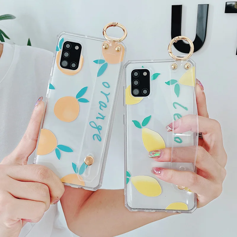 

Lemon Orange Wrist Strap Phone Holder Case for Samsung S21 S20 FE A22 32 12 42 52 72 51 71 31 21S 50 70 20 30S Fruit Clear Cover