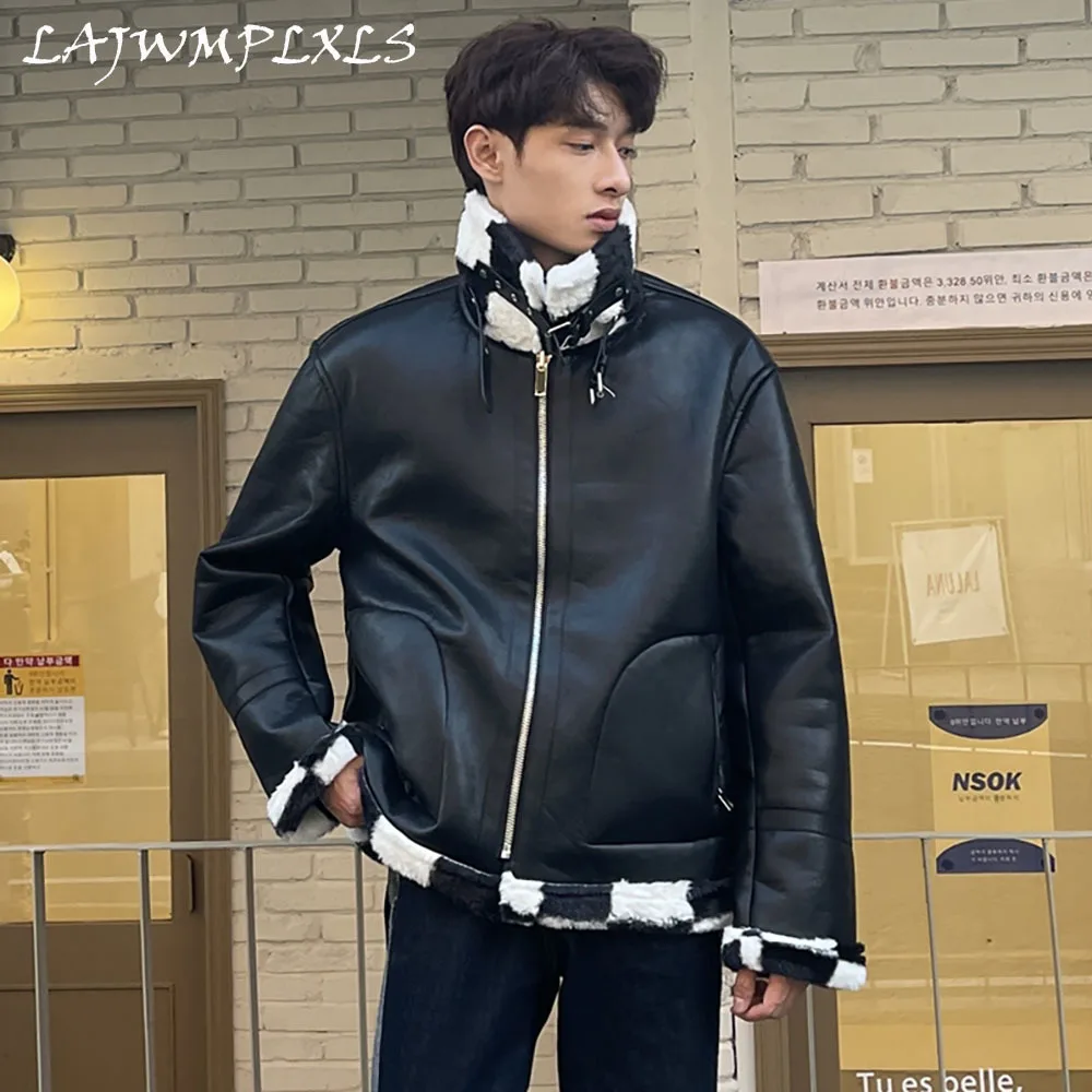 

Double-sided Men's PU Jackets Winter Warm Coat Biker Faux Leather Outwear Zipper Outerwear Thick Fleece Coat Street Jacket Moto