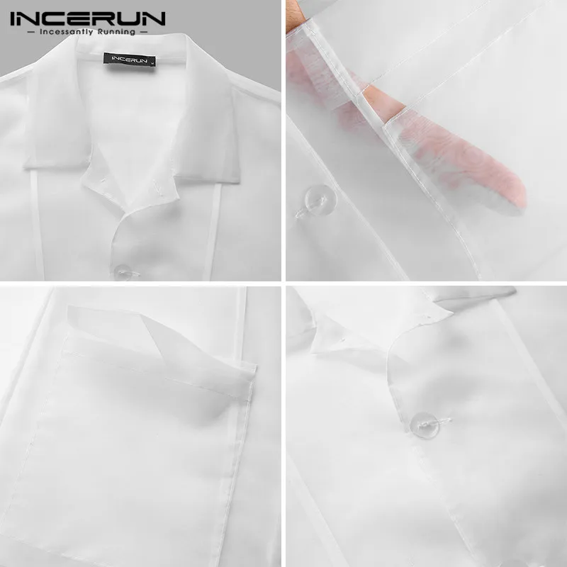 

INCERUN Men Mesh Shirt Lapel Long Sleeve Loose Button Up Streetwear See Through Camisas Pockets Nightclub Party Men Shirts S-5XL