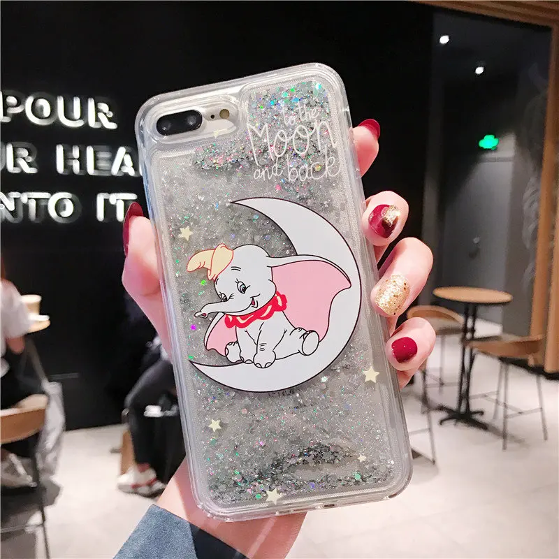 Милый мультфильм сыпучий песок с блестками Луна Dumbo телефон чехол для iphone Xs MAX XR X 6