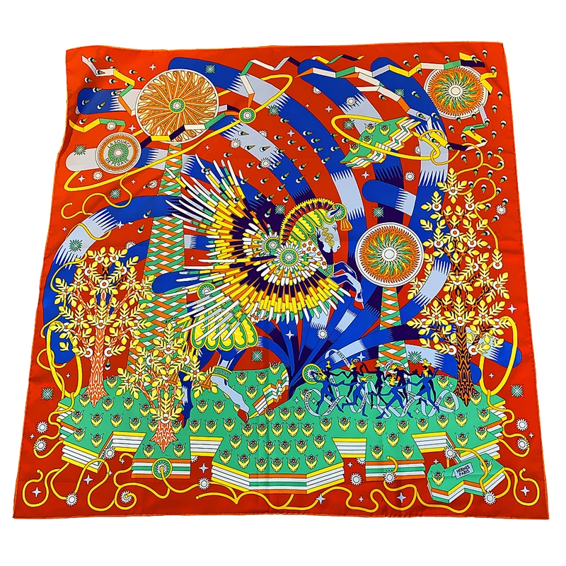 

Luxury Brand ScarfWomen ColorfulPegasus Bandana Handmade Curled Twill Silk Square New Design Head Hijab Scarves Beach Cover Ups