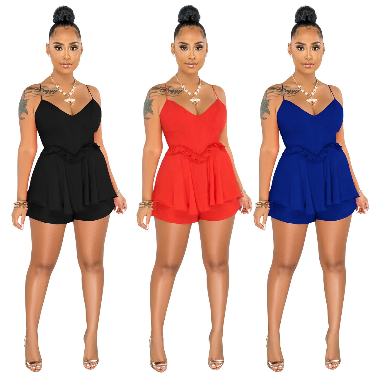 

Nightclub Solid Color Women's Clothing Sexy Suspender V Neck Personality Ruffled Fashion Fungus Side Casual Hakama Jumpsuit