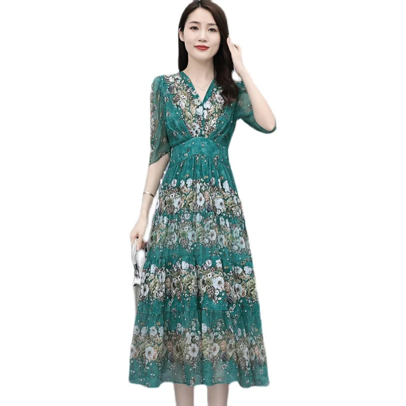 

COIGARSAM 3XL Plus Size Print Women Long dress New Summer High Waist V-Neck Dresses Green 3222