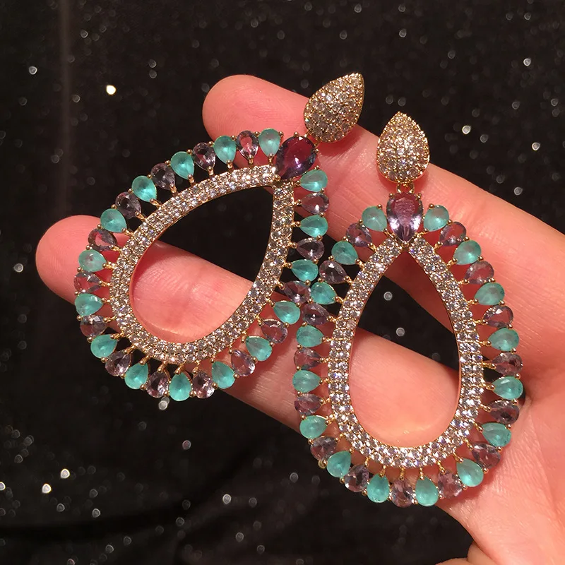 

Vintage multi color Zircon Crystal stone big water drop long dangle earrings 925-sterling-silver-ear pin party jewelry for women