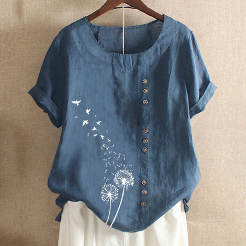 

2021 Blouse Women Flower Print Vintage Linen Blouse Tops Female Button Shirts Short Sleeve Summer Blusas Oversized Shirt