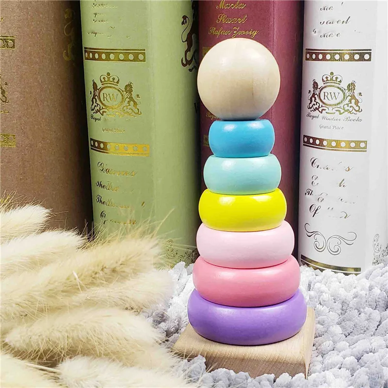 Juguetes Educativos para beb&eacute;, torre de arco&iacute;ris, columna de anillo en capas de Jenga, juguete de madera de Color Macron para que el beb&eacute; aprendan a jugar-2