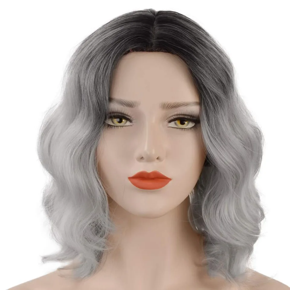 

Shine U Short Bob Pastel Wavy Wig 14 Inch Ombre Grey Hair Black to Grey Natural Looking Wigs Middle Side Parting Cosplay Party