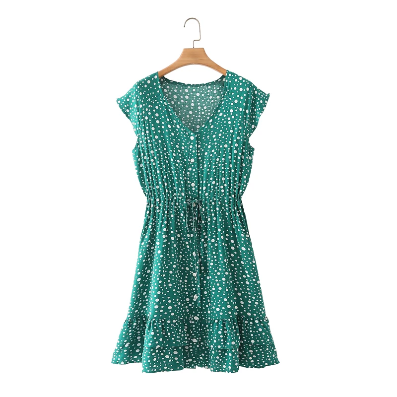 

Women Mini Sundress Summer 2021 New Fashion Polka Dots Prints Modern Lady Above Knee Beach Dress