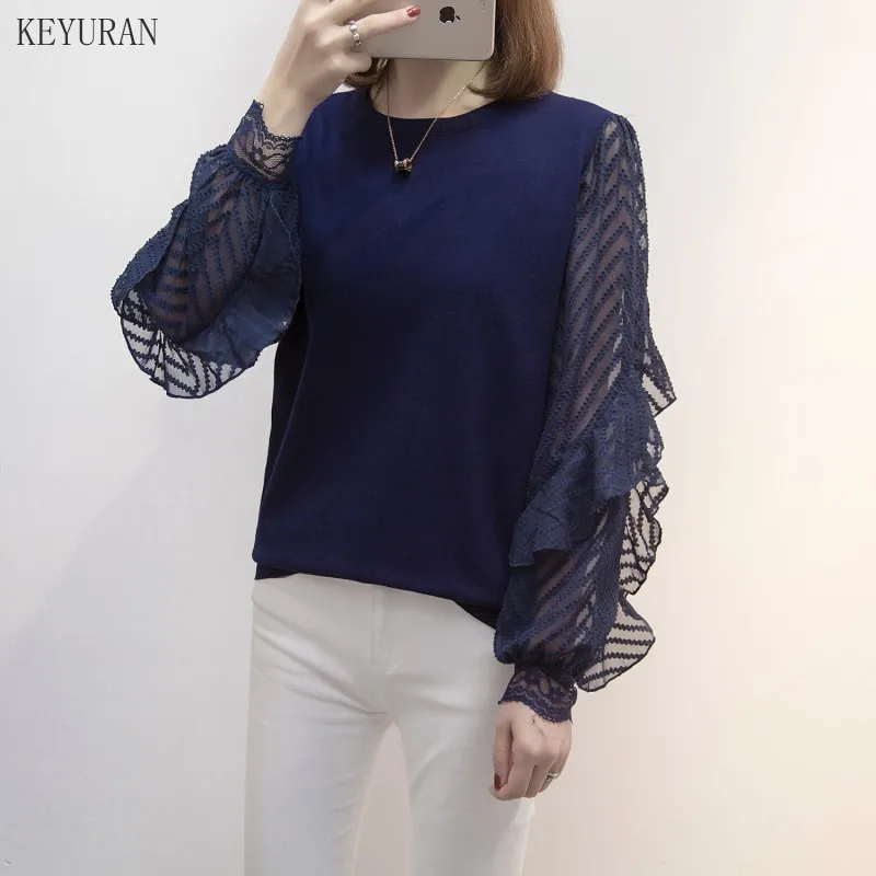 

Women Sweater And Pullovers Autumn Winter Mesh Lace Patchwork Ruffles Long Sleeve Plus Size Knitted Sweaters Tops Female Jumpers