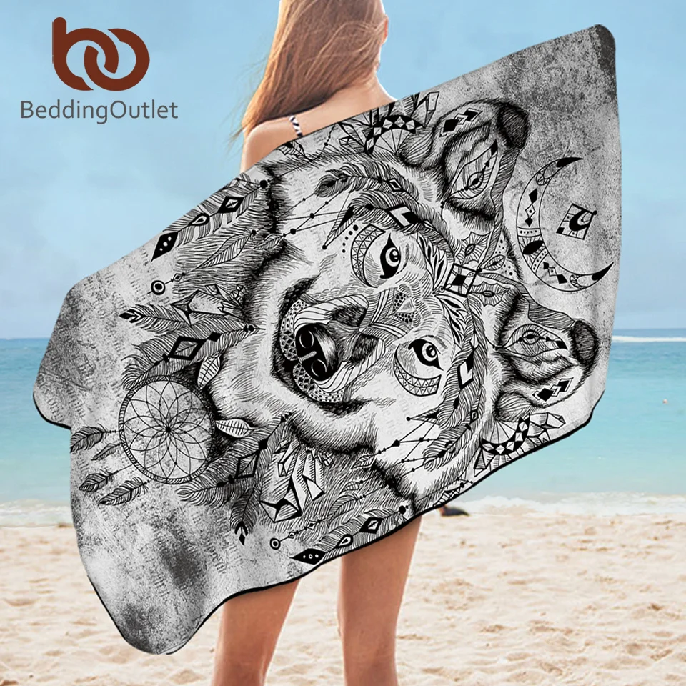 

BeddingOutlet Wolf Bath Towel Bathroom Microfiber Large Beach Towels Native Tribal Animal Watercolor Shower Towel 75x150cm