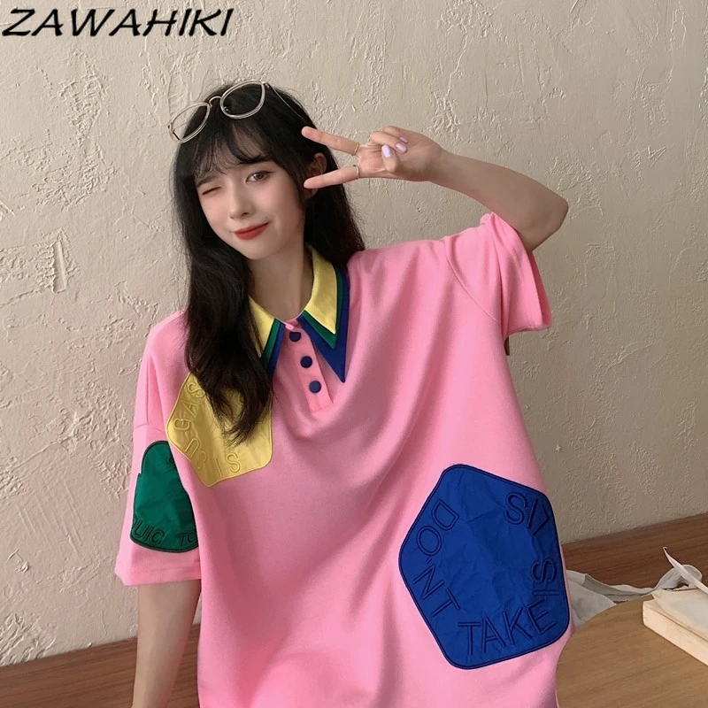 

Zawхитки, корейская мода, повседневные женские летние футболки контрастных цветов с отложным воротником, свободные топы с коротким рукавом, ...