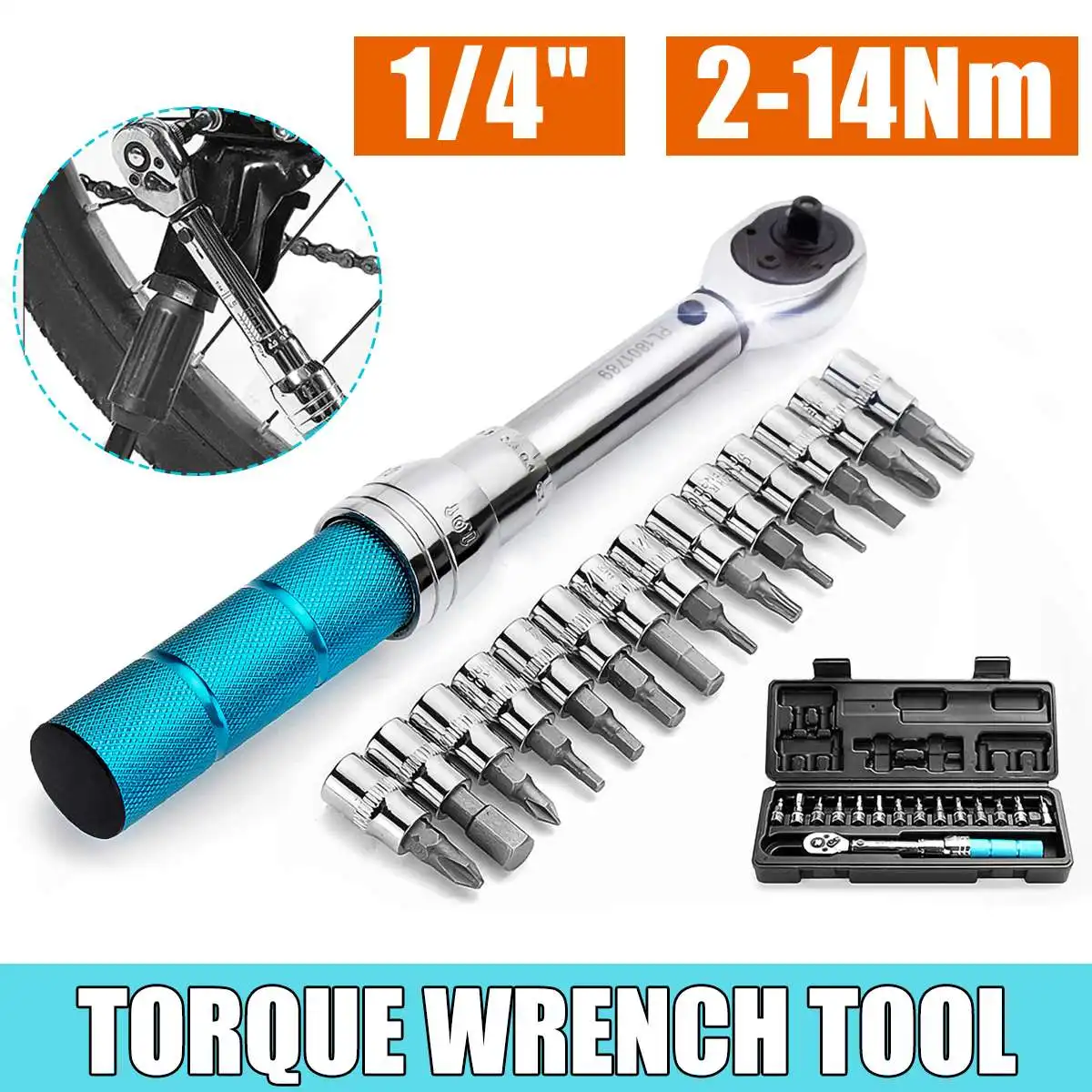 

15Pcs 1/4" 2-14NM Click Adjustable Torque Wrench Bicycle Repair Tool Kit Set Bike Repair Spanner Machanical Hand Tool Set