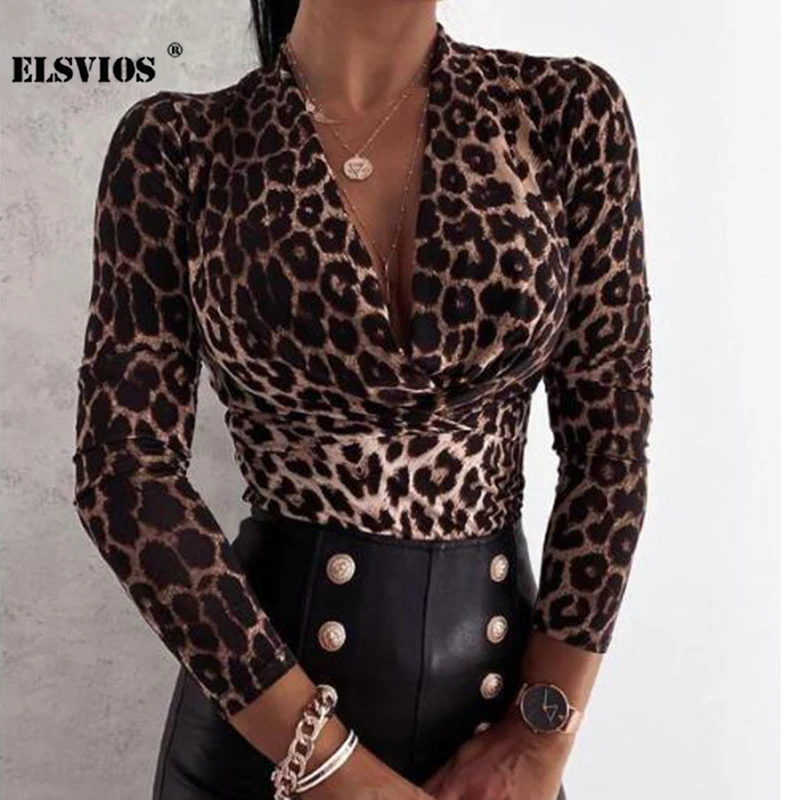 

Осенняя блузка с леопардовым принтом и глубоким V-образным вырезом, повседневный облегающий пуловер с длинным рукавом, элегантная офисная б...