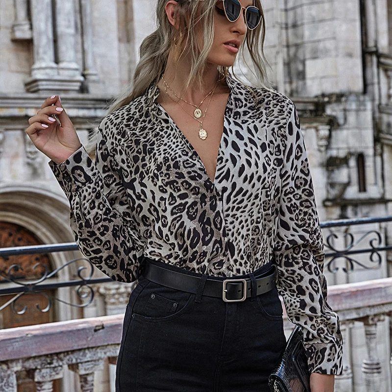 

2020 Autumn Print V-Neck Long Sleeve Cardigan Street Style Fashion Leopard Print Woven Versatile Loose Comfortable Fabric