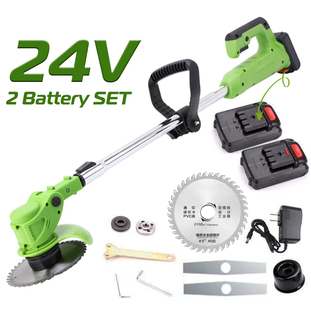 

24V 800W Electric Cordless String Grass Trimmer Adjustable Cutter Home Push Lawnmower Garden Tool with 2PC 3.0Ah Battery Kit