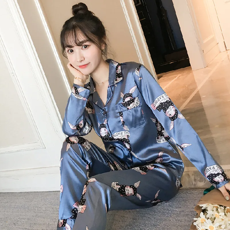 Women's Pajamas Sets Ice Silk Autumn Winter Cardigan Long-sleeved Trousers Lapel Home Service Sleepwear Clothes pijama feminino