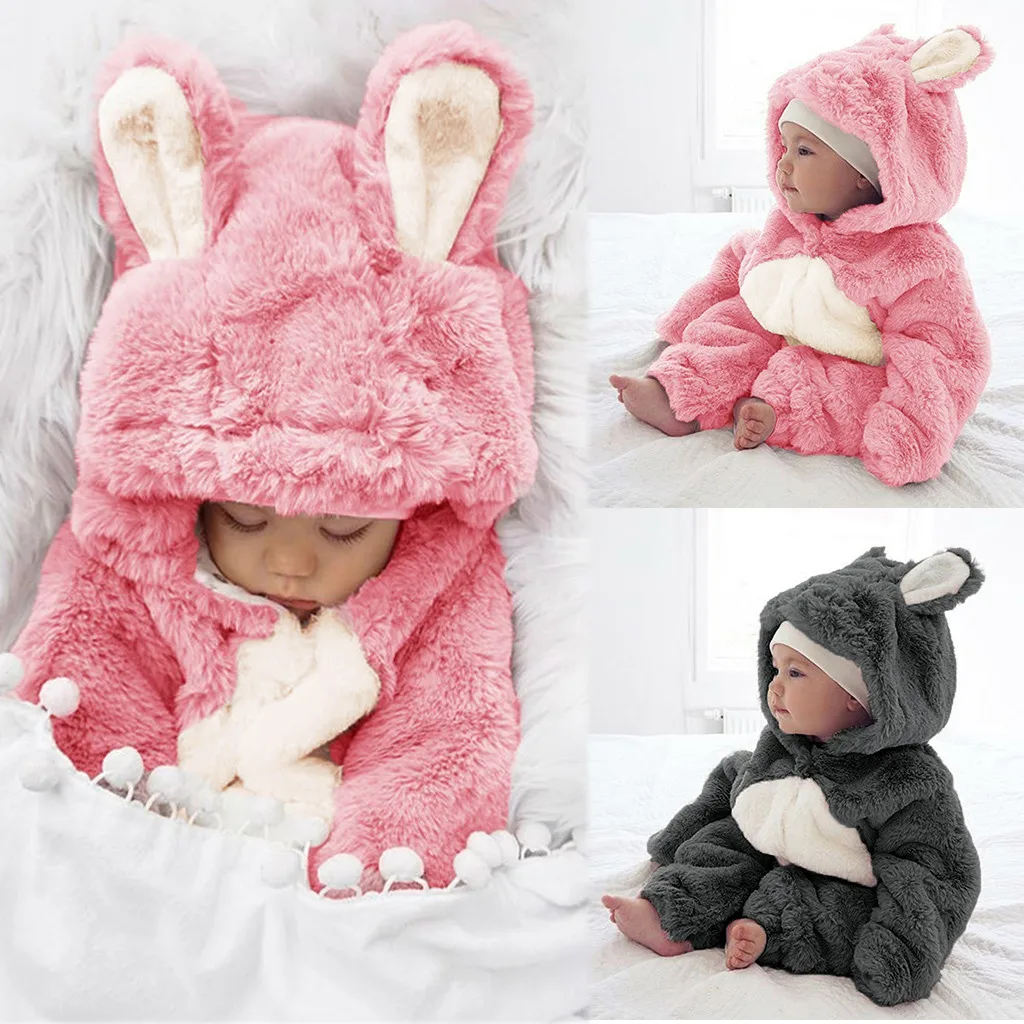 

Baby Romper Newborn Baby Boy Girls Clothes Fleece Winter Long Sleeve Plush Cartoon Rabbit Ears Cotton Hooded Romper Jumpsuit