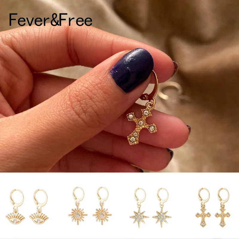 

Fever&Free New Fashion Korean Drop Earrings For Women Rhinestone Cross Luxury Gold Color Dangle Earrings Pendiente Mujer Jewelry