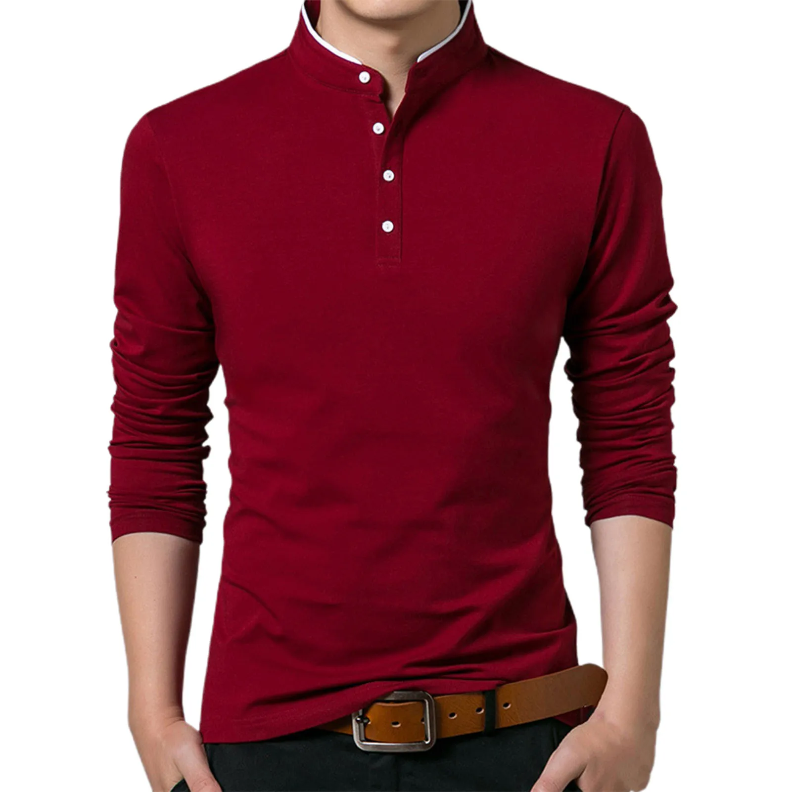 

Men Autumn Solid Color Long Sleeve Stand Collar Base T-shirt Buttons Sweatshirt
