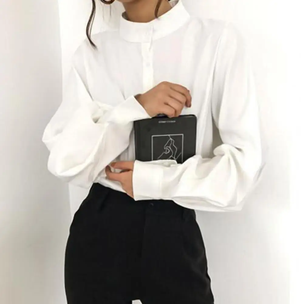 

Women Autumn Winter Single Breasted Lantern Sleeve Stand Collar Shirt Blouse