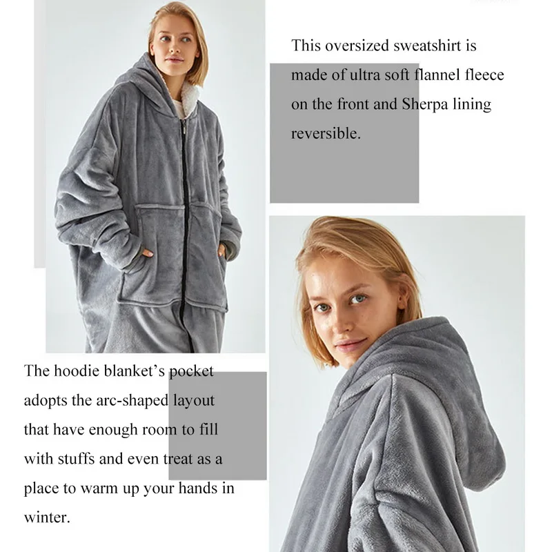 

Hooded Sweatshirt Wearable Blanket Fleece Pullover with Front Pocket Soft Warm Cozy Clothing Adult Fahion Homewear Solid Clothes