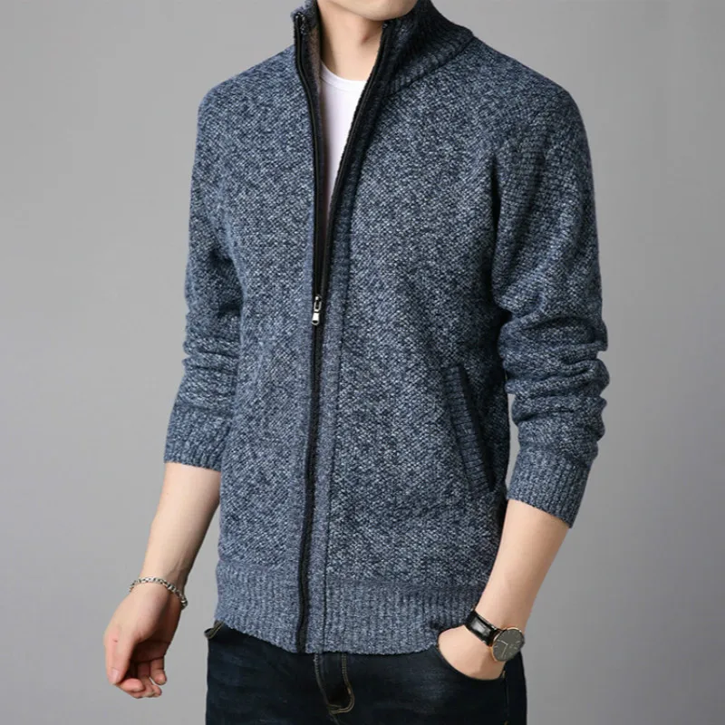 

Winter Fleece Men's Sweater Coat Side Pocket Long Sleeve Knitted Cardigan Full Zip Autumn Warm Male Fashionable Causal Clothing