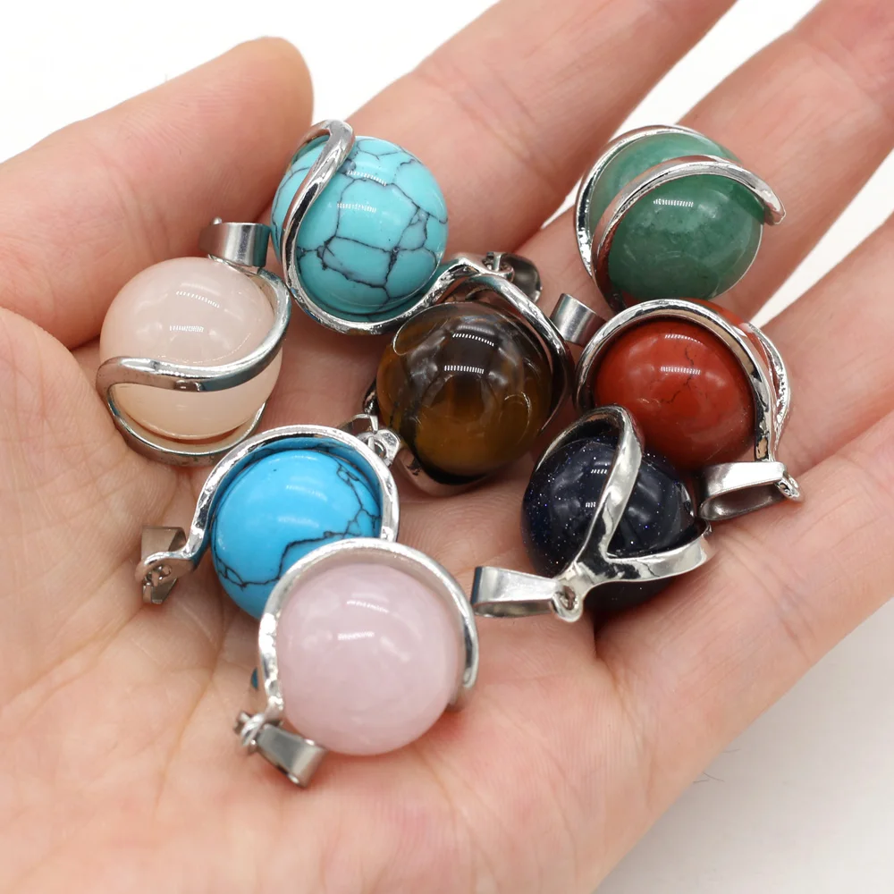 

Natural Round Stones Pendant Reiki Heal Crystal Rose Quartz Blue Turquoise Tiger Eye Charms for Jewelry Making DIY Accessories