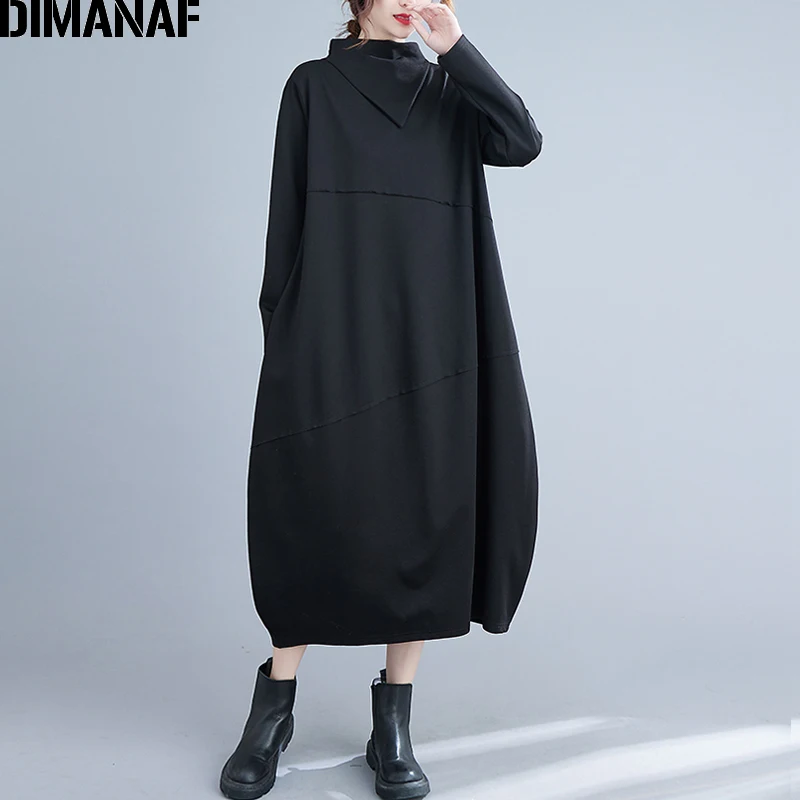 

Женское винтажное платье с длинным рукавом DIMANAF, свободное Хлопковое платье черного цвета с воротником-хомутом, повседневная одежда большо...