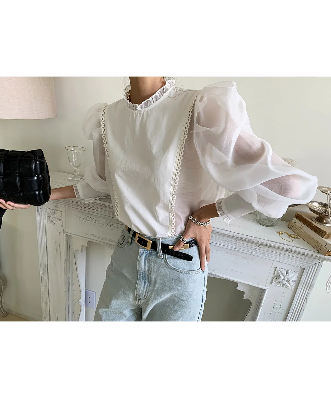 

ZCSMLL Korean stand collar design lace stitching embellishment loose wild stitching see-through lantern sleeve shirt women