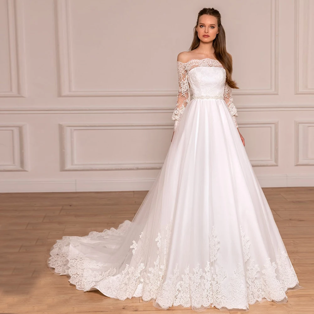 

Elegant White Lace Wedding Dress For Bride Off Shoulder A Line Princess Formal Bridal Gown Plus Size Vestido De Novia 2022 New