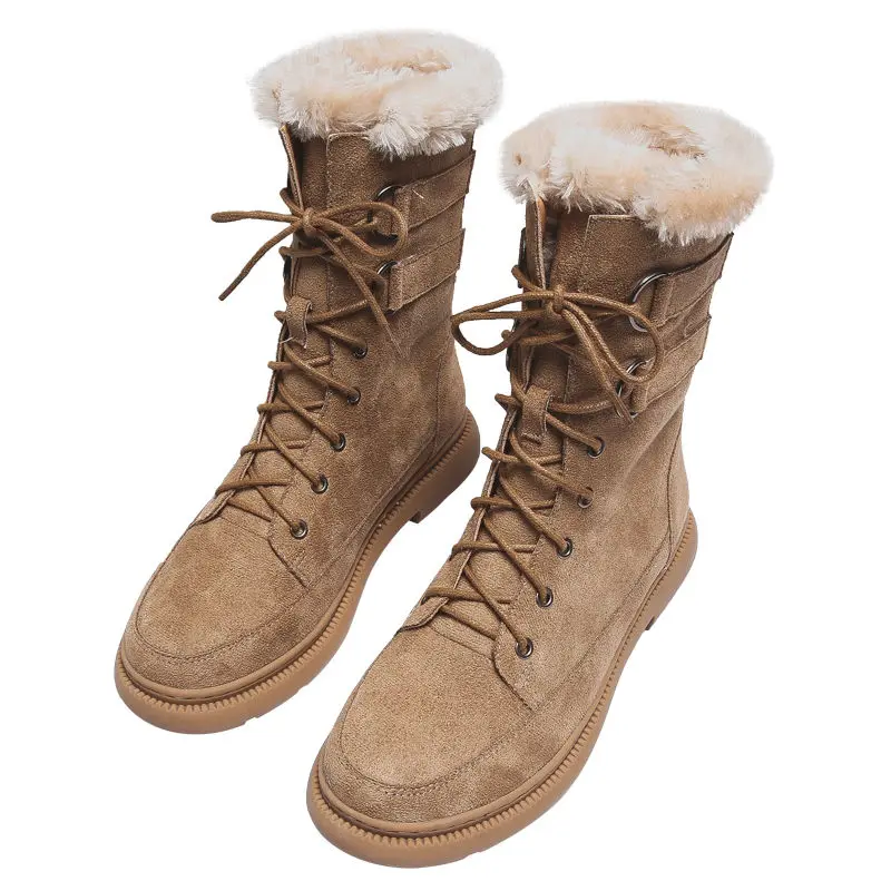 Beige Женские зимние ботинки; нескользящие Полусапоги; Botas Mujer; теплая зимняя обувь до середины икры на платформе с толстым мехом; британский стиль; Цвет черный, бежевый - Цвет: Beige