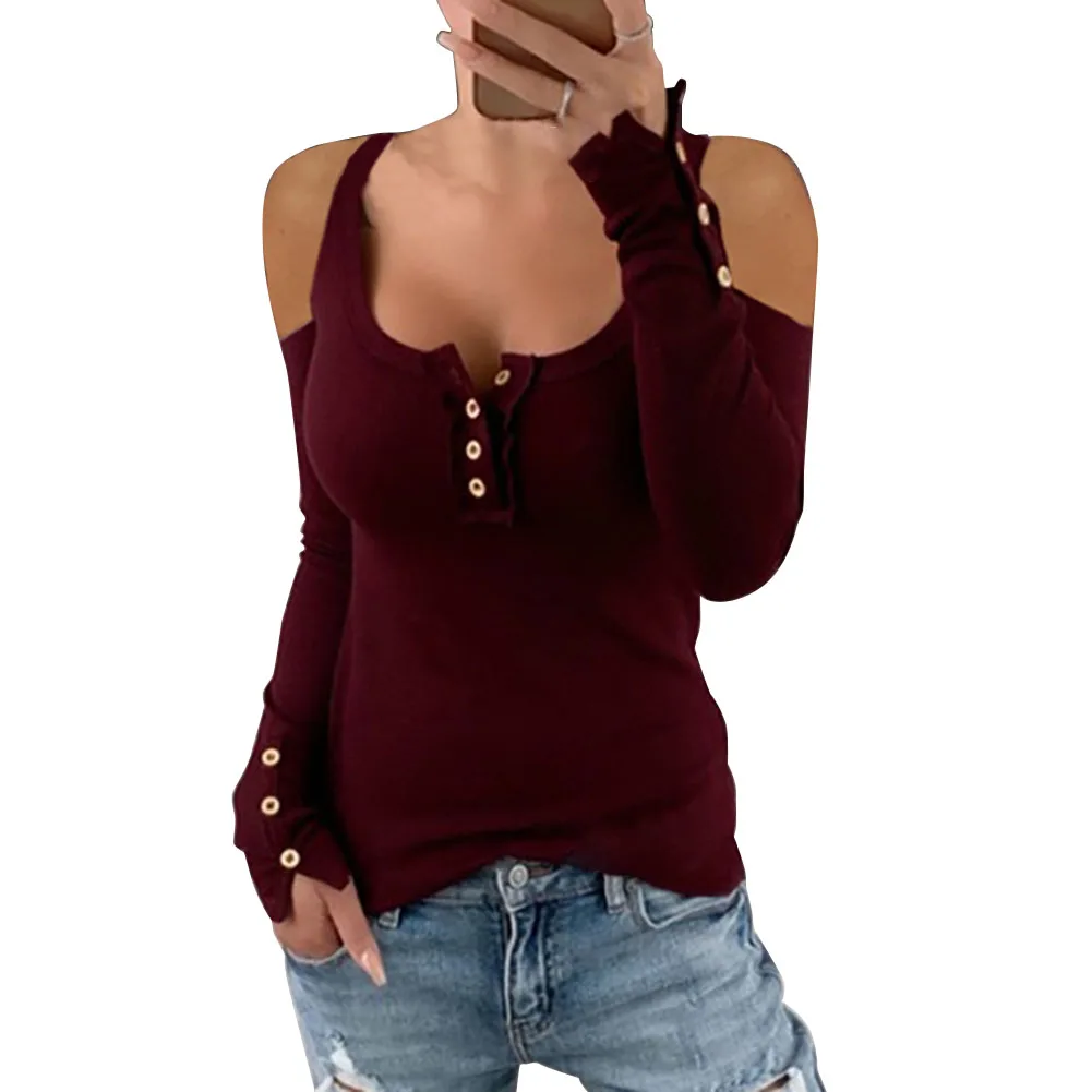 

Women Cold Shoulder Long Sleeve Tops Ladies Slim T-Shirt BMF88