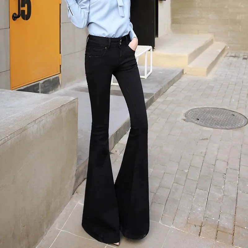 Vintage High Waist Black Autumn Winter Women Flares Pants Slim Fit Full Length Fashion Streetwear Stretch Female Denim Trousers |