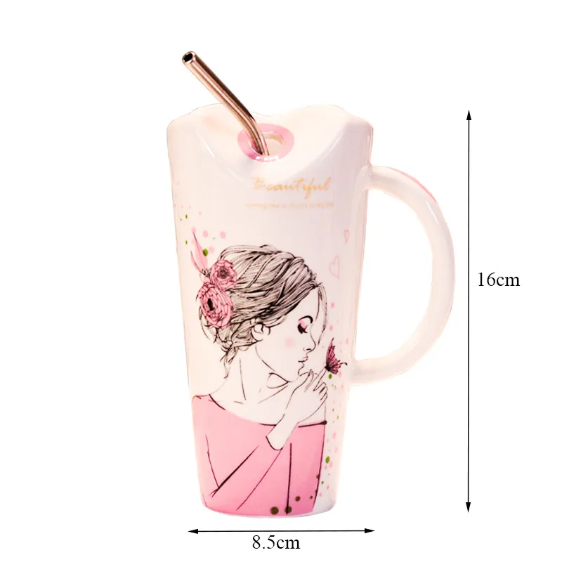 

Creative Cute Girl Pattern Ceramic Teacup Porcelain Coffee Mug with Straw Women Home Office Milk Tea Juice Cups Birthday Gift