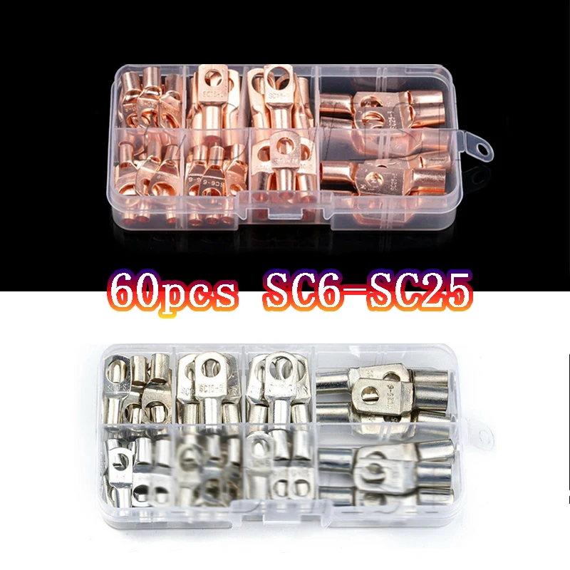 

60Pcs SC6-25 Wire Lug Connector Ring Copper Connectors Bare Cable Electric Crimp Terminal Connector Diy Kit Wire Terminal